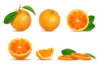 Orange slices. Fruit citrus half cut and whole, front and side view of vitamin food with green leaves. Ripe fresh mandarin for juice packaging label. Realistic isolated vector 3d set