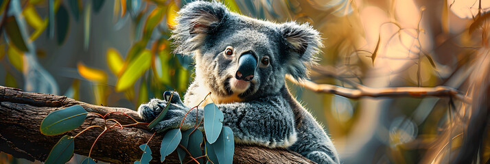 Koala Bear Sit On The Branch of the tree and eat leaves 4K Wallpaper - obrazy, fototapety, plakaty