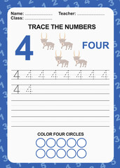 Trace and write number for children. Exercise for children to recognize the number. Kids educational game. Printable worksheet for preschool. Exercises lettering game for kids. Vector file.