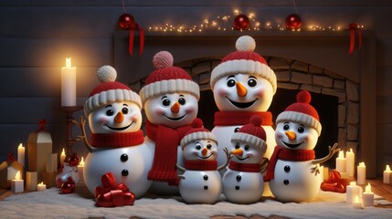 Cheerful Snowman Family Celebrating Christmas by the Fireplace