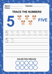 Trace and write number for children. Exercise for children to recognize the number. Kids educational game. Printable worksheet for preschool. Exercises lettering game for kids. Vector file.