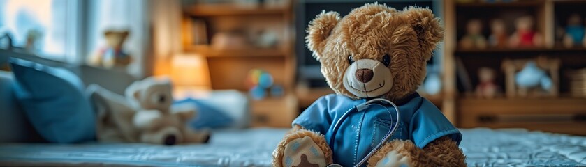 Teddy bear nurse in blue uniform smiles, checks stuffed animal with stethoscope Childrens toys on shelf in background Cute cartoon, soft light - obrazy, fototapety, plakaty