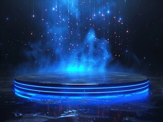 Tech Ascension Black podium, blue glow, data wisps rise tech evolution Hyperrealistic 3D, clean lines 01