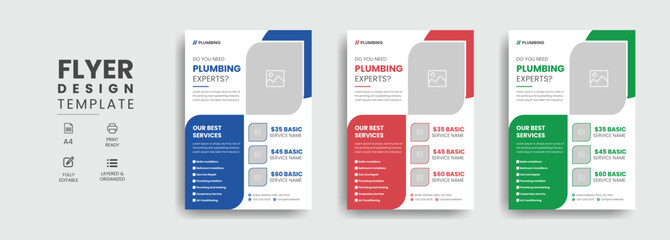 Plumbing services flyer template with professional roofing business leaflet and home repair brochure design layout