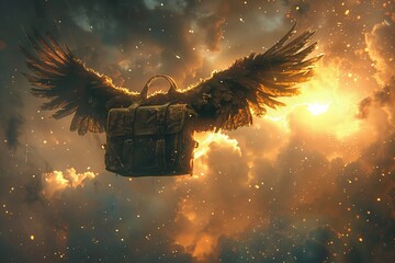 Vintage postmans bag with feathered wings glides across golden sunset, stars appear Digital painting, nostalgic 01