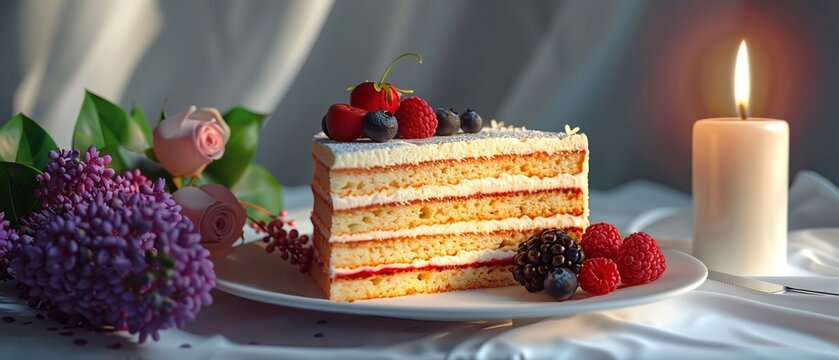 Slice of cake with summer fruits on white tablecloth, single lit candle Hyperrealistic 3D, clean lines 01