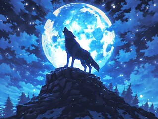 Lone Wolf Howling at the Dramatic Starry Night Sky over Rugged Mountain Peaks