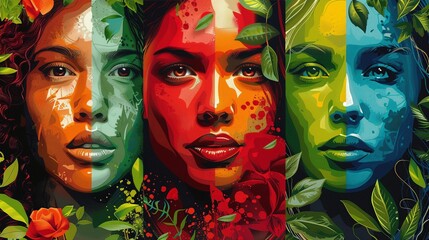 Face of women alive with myriad emotions reflection pass various colors, surrounded by a lush backdrop of leaves and flowers, symbolizing her deep connection to nature.