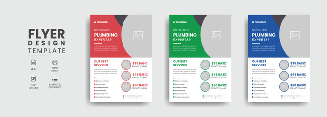 Plumbing services flyer template with professional roofing business leaflet and home repair brochure design layout