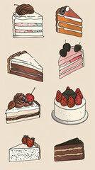 a collection of cakes, drawn in the style of a New Yorker Cartoon, plain background, minimalist
