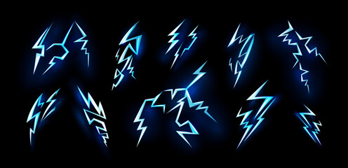 Thunder effect. Blue energy light, flash bolt power or 3d crack spark element, storm thunderbolt. High voltage glowing icon trendy logo design element. Vector illustration background