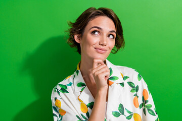 Photo of excited dreamy girl dressed print shirt arm chin looking empty space isolated green color background