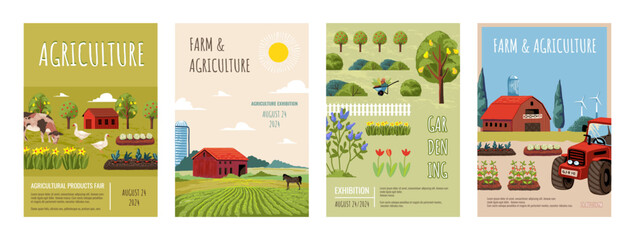 Farm posters. Agriculture field. Vegetable garden. Farmers orchard. Organic watercolor plants. Spring village with farming tractor or rural home. Countryside landscape. Vector banners set