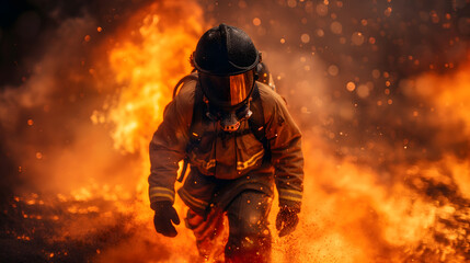 Brave Firefighter in Action Against Raging Flames at Sunset