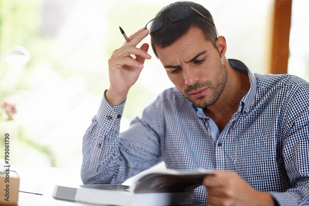 Poster professional man, research and stress for project in startup company, burnout and anxiety for busine