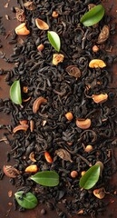 flat layer of peach paradise black tea loose leaves on brown background, illustration made with Generative Ai