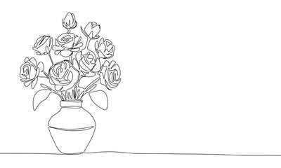 Roses in vase one line continuous. Line art bouquet of roses in vase. Hand drawn vector art.