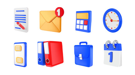 3D office icons. Business objects. Mail envelope. File folder and briefcase. Clock and calendar. Email notice. School stationery. Time watch. Document signature. Vector render signs set
