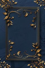 Obraz premium Blue Background With Gold Leaves and Square Frame