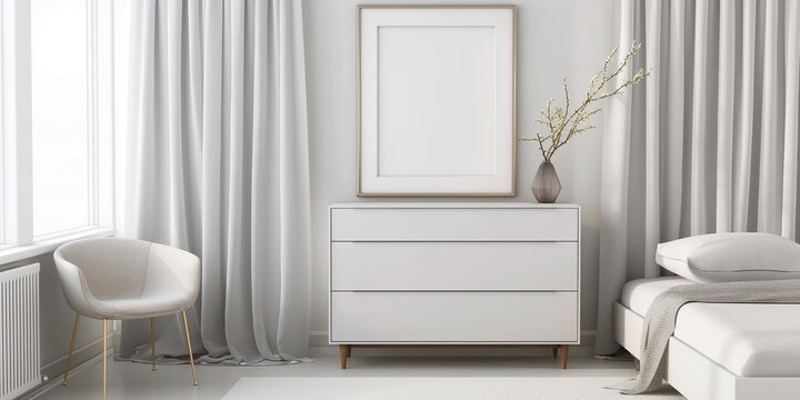 Fototapeta Mockup frame in interior background, room in light pastel colors, Scandinavian style, window with white curtain, copy space.