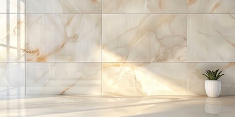 Close up of blank empty space on clean white marble kitchen counter top with morning sunlight and shadow on white ceramic wall tiles in background. 