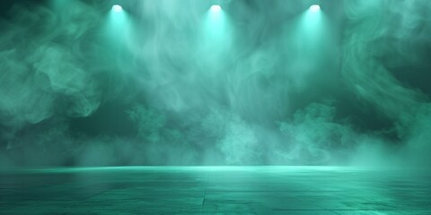 Grunge teal green smoky backgrounds, conceptual image of a dark interior full of swirling smoke, . Abstract, Light, Hazy Textures, and Floating Particles for Mysterious Effects.