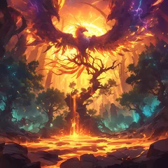 Crédence de cuisine en verre imprimé Bordeaux Mythical Avian Guardian of the Enchanted Forest. Majestic bird stands on ancient tree in fantastical landscape with fiery sun.