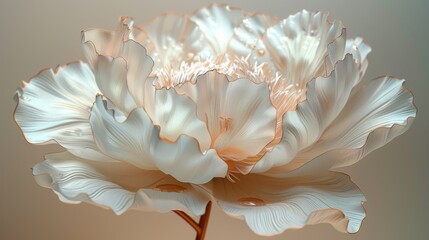 A pale white peony petal against a soft beige background with elegant gold liquid tracing its ruffled edges.  - obrazy, fototapety, plakaty