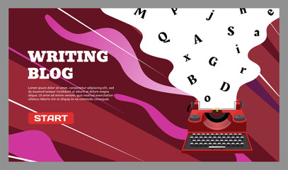 Writing blog landing page. Typewriter with article letters. Author blogging. Creative content. Journalists essay creating. Website design template. Text editor vlog. Vector background