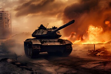 armored tank crosses a mine field during war invasion epic scene of fire and smoke in destroyed city.