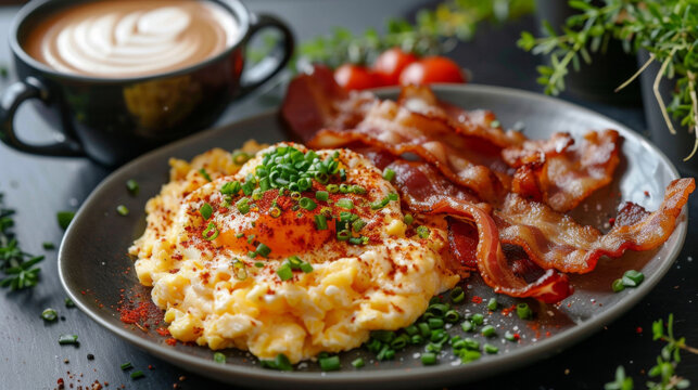 Delicious scrambled eggs and bacon breakfast on dark plate next to a cup of fresh coffee. On bistro countertop. 
