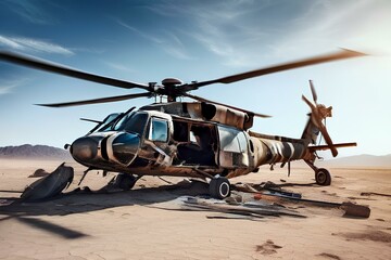 crashed military airforce helicopter or chopped in the middle of the desert for warfare aftermath or mission failure as wide banner with copyspace area.
