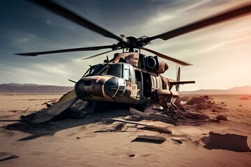 crashed military airforce helicopter or chopped in the middle of the desert for warfare aftermath or mission failure as wide banner with copyspace area. - obrazy, fototapety, plakaty