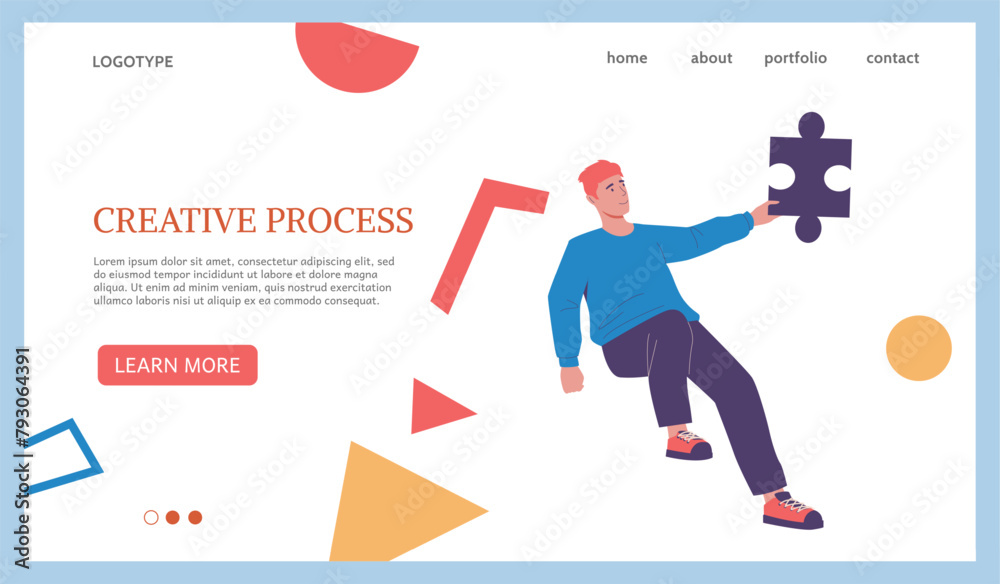 Poster Creative process landing page. Business brainstorm. Businessman finding innovative idea. Website template. Man with puzzles and abstract shapes. Creativity challenge. Vector web background