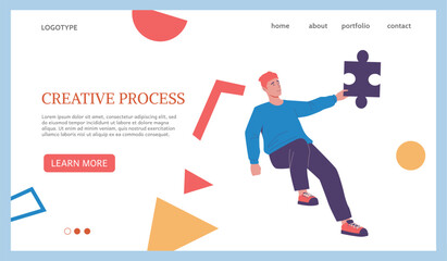 Creative process landing page. Business brainstorm. Businessman finding innovative idea. Website template. Man with puzzles and abstract shapes. Creativity challenge. Vector web background