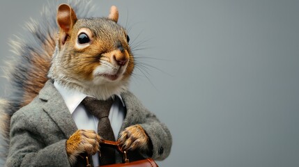 Business Squirrel with Briefcase on Gray Background.