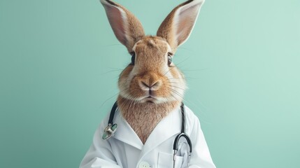 Rabbit Doctor with Stethoscope on Teal Background.