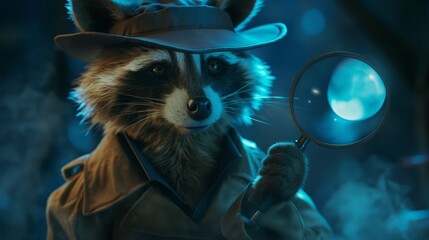 Detective Raccoon with Magnifying Glass at Night.