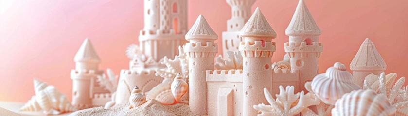 Sandcastle with seashells on pink background - obrazy, fototapety, plakaty