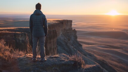 Fototapeta premium Man Overlooking Sunrise from Cliff Edge.
