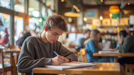 Obraz premium Teenager Focused on Studying in Cafe.