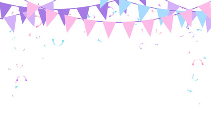 Bunting hanging banner blue, pink, purple flag triangles and confetti party decoration