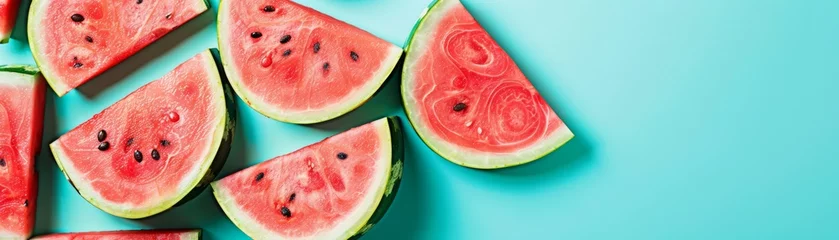 Foto op Plexiglas Several slices of watermelon arranged on a blue background. © Nattanon