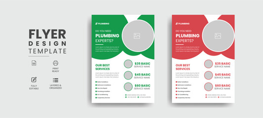 Plumbing services flyer template with professional roofing business leaflet and home repair brochure design layout