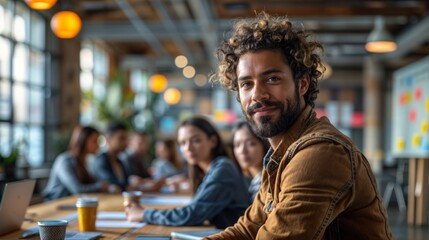 In the image, there is a man with curly hair and a beard sitting at a conference table