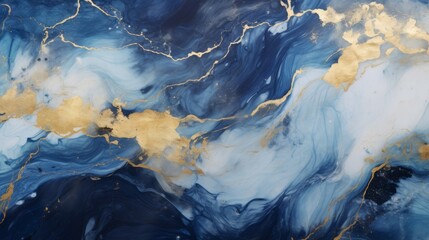 Marble abstract background with gold and blue paint. Liquid marble pattern.