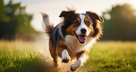 cute dog running in field in the morning