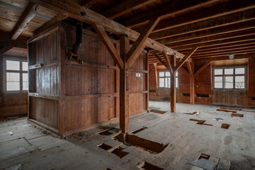 Exploration of the historic old stone mill with a spiral staircase in Southern Poland, Europe, in...