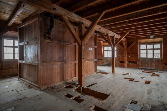Exploration of the historic old stone mill with a spiral staircase in Southern Poland, Europe, in Winter