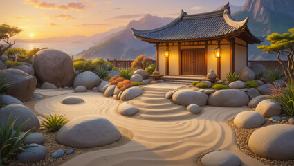 Japanese Zen garden, smooth stones in sand, sea beach, mountains, beautiful sunset. Peace and calm. Photorealistic landscape illustration background